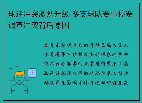 球迷冲突激烈升级 多支球队赛事停赛调查冲突背后原因