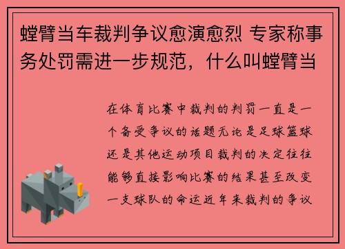 螳臂当车裁判争议愈演愈烈 专家称事务处罚需进一步规范，什么叫螳臂当车
